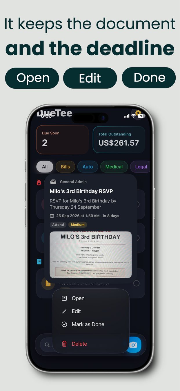 DueTee keeps the original document attached to every task